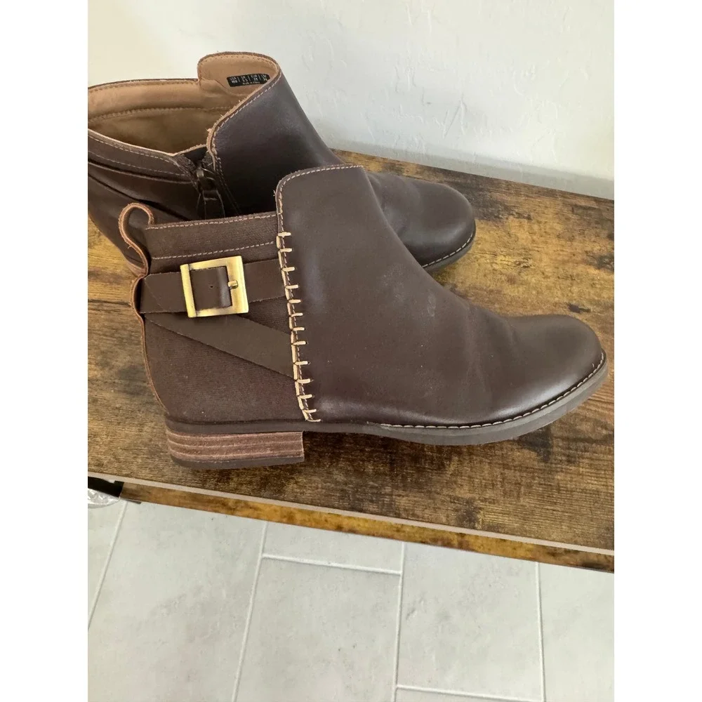 Spenco Womens Brown Leather Canvas Mixed Media Ankle Booties Side Zip Buckle 8